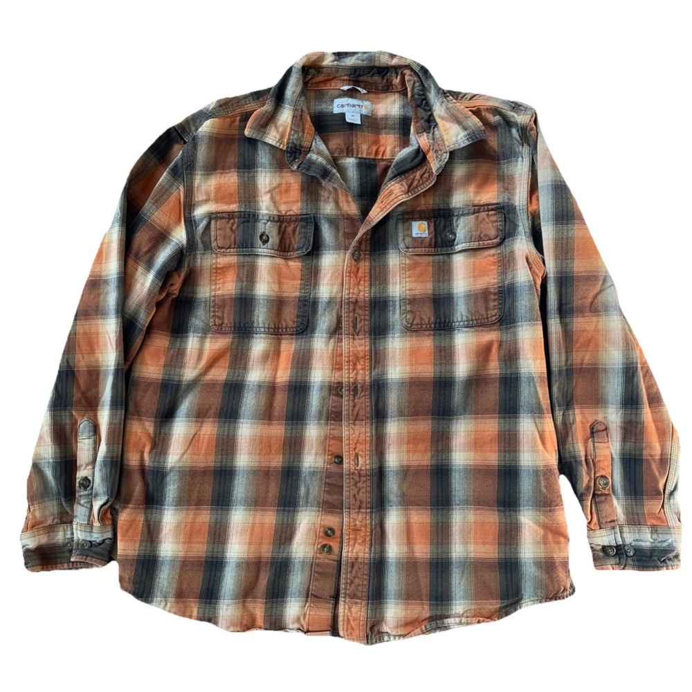 Carhartt Loose Fit Heavyweight Flannel Long-Sleeve Plaid Shirt Orange Mens Sz M